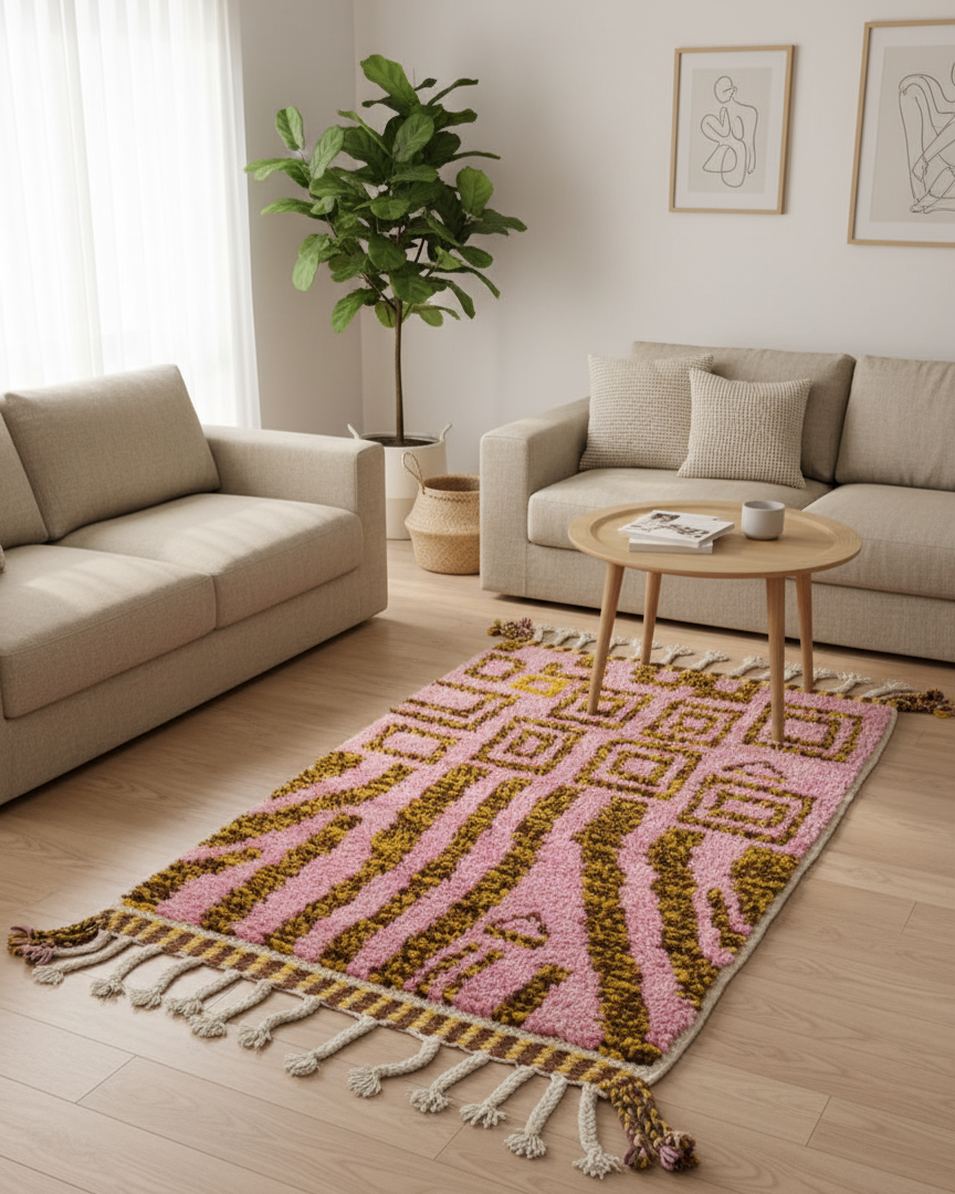 Handcrafted Moroccan Rug – Dusty Pink & Ochre Geometric-Shag Design | 2.7’ × 4.2’ (82 × 128 cm) | Boho Wool Accent Rug
