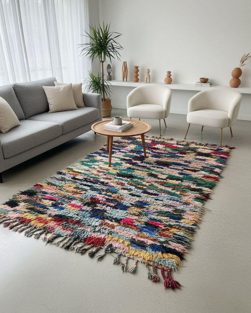 Handmade Moroccan Boucherouite Runner Rug – Colorful Shaggy Rag Rug | 3.6 x 8.2 ft (1.1 x 2.5 m) | Eclectic Boho Hallway Carpet