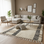 LUXURY Moroccan Area Rug , Handmade White Berber Rug with linene patern and gold Details.
