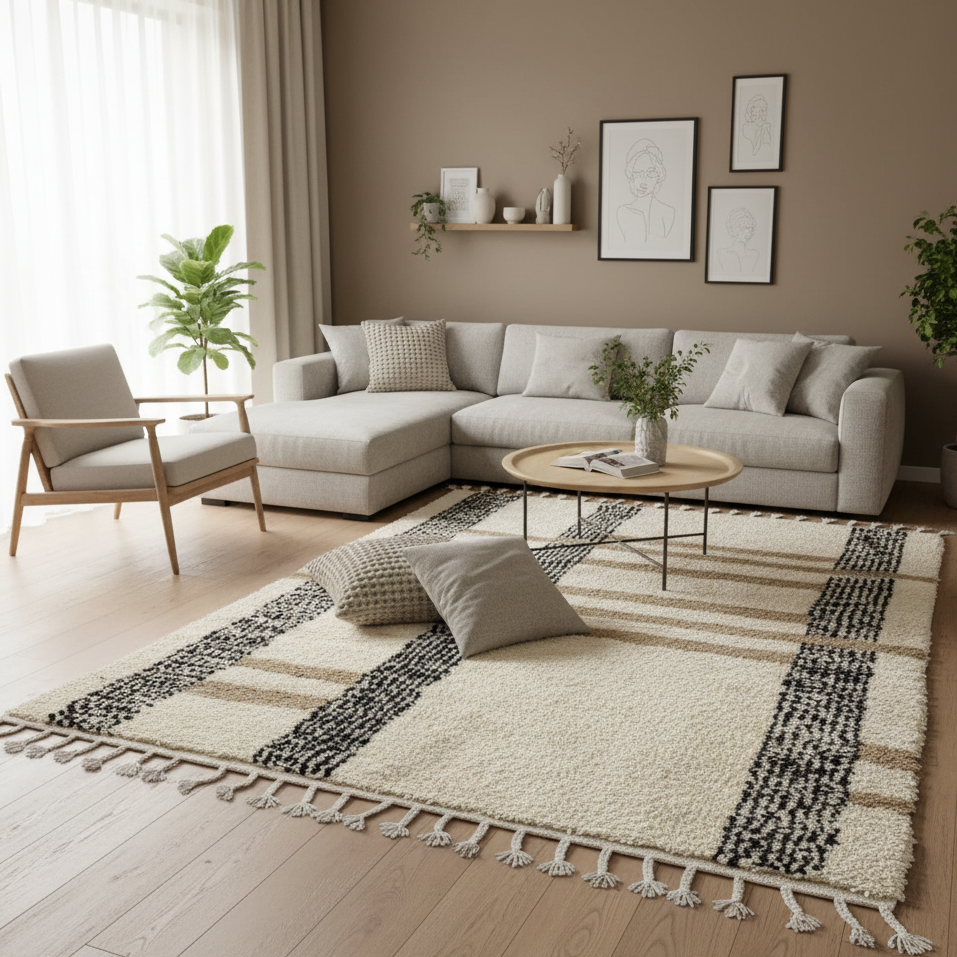 LUXURY Moroccan Area Rug , Handmade White Berber Rug with linene patern and gold Details.