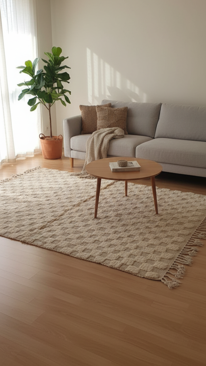 Perfect Rug for Living Room – White cream Checkered Carpet | Area rug 4.6’ × 6.7’ (140 × 205 cm) Neutral Beige & Cream | Boho Rugs , Scandinavian & Minimalist bedroom Rug