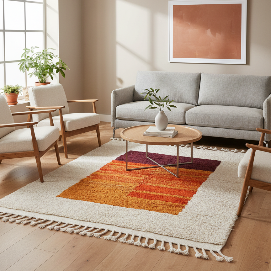 Handwoven Moroccan Berber Rug – 5.9’ × 7.5’ (180 × 230 cm) | High-Pile Wool Accent Rug | Sunset-Inspired Color Block