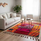 Handcrafted Moroccan Boucherouite Rug – Vibrant Hot Pink & Orange Color-Block | 2.6’ × 4.3’ (80 × 130 cm) | Boho & Modern Accent Rug