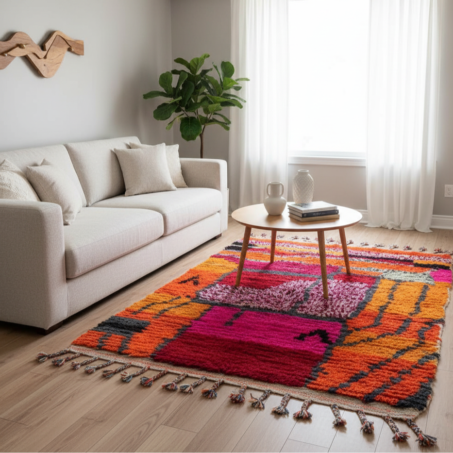 Handcrafted Moroccan Boucherouite Rug – Vibrant Hot Pink & Orange Color-Block | 2.6’ × 4.3’ (80 × 130 cm) | Boho & Modern Accent Rug