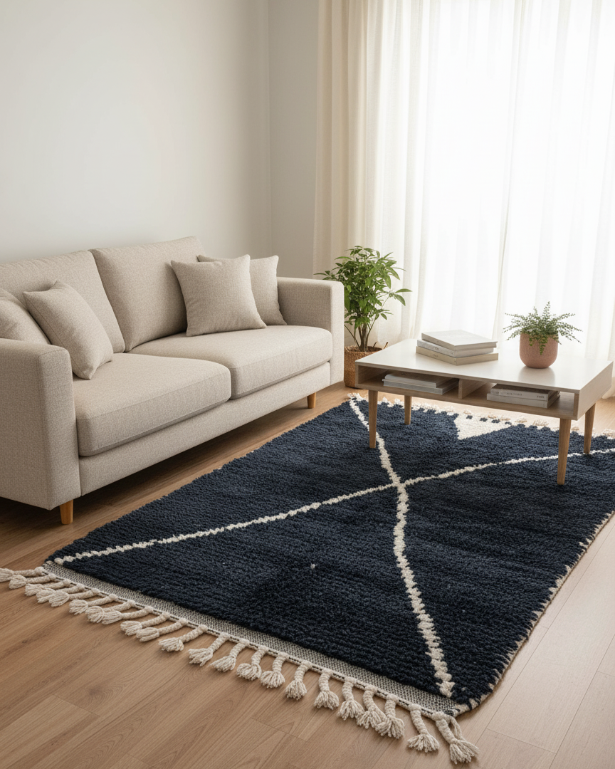 Handmade Moroccan Berber Rug – Black & Ivory Geometric 'X' Design | 4’ × 6.5’ (120 × 200 cm) | Plush Wool Area Rug