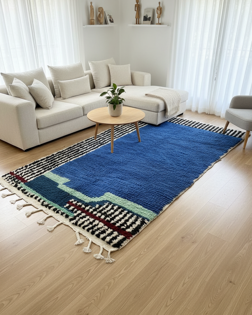 Modern Moroccan Berber Rug – Royal Blue with Abstract Black & White Stripes, Mint & Burgundy Accents | 4 x 7.2 ft (1.2 x 2.2 m) | Handmade Wool Art Rug