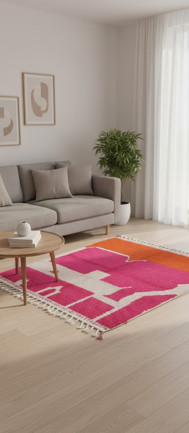 Unique Handmade Moroccan Wool Area Rug – Vibrant Pink, Orange & White | 5.9 x 4.9 ft (1.8 x 1.5 m) | Boho Modern Living Room, Bedroom & Pink Décor Accent