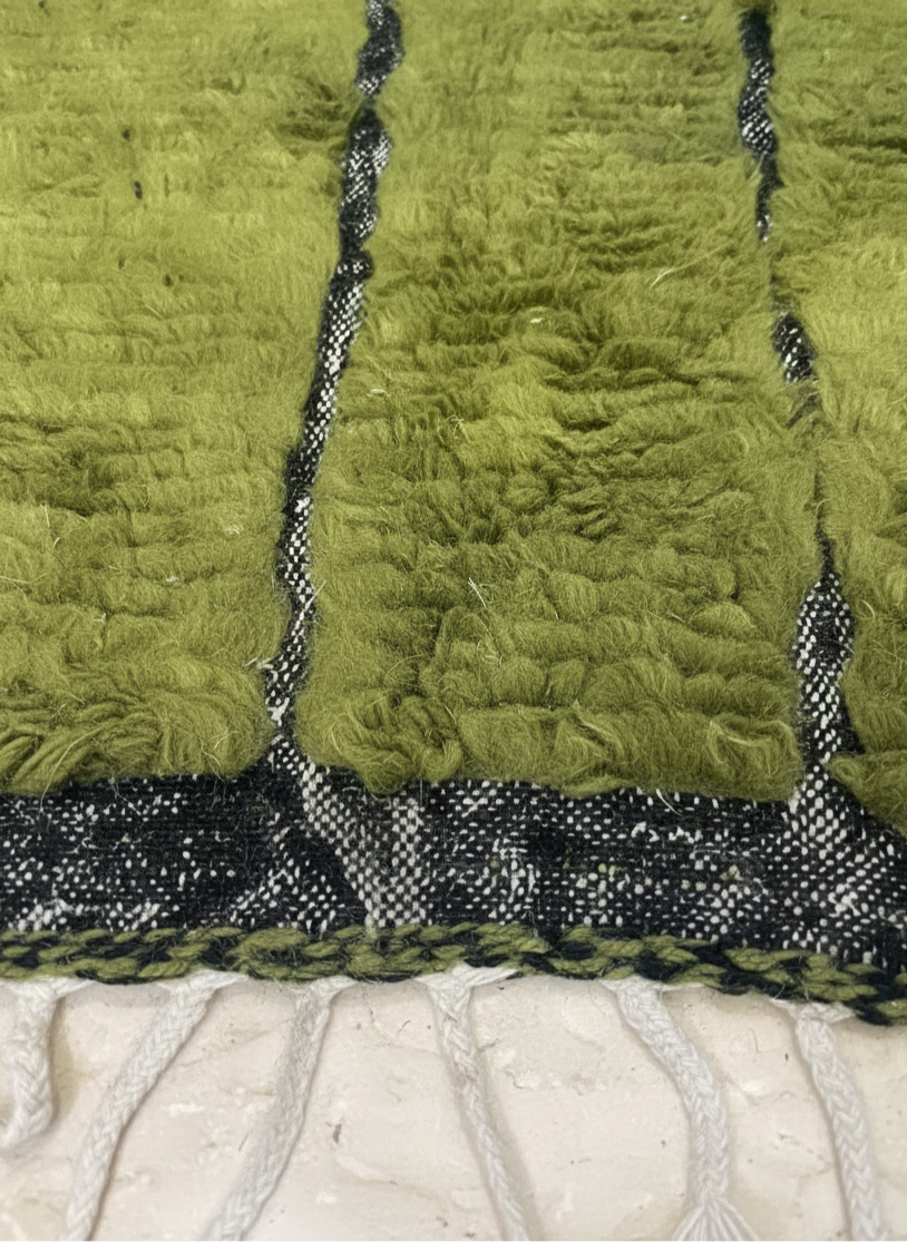 Handmade Moroccan Wool Area Rug – Olive Green with Black Line Pattern | 6.9 x 3.9 ft (2.1 x 1.2 m) | Modern Boho Living Room, Bedroom & Hallway Carpet