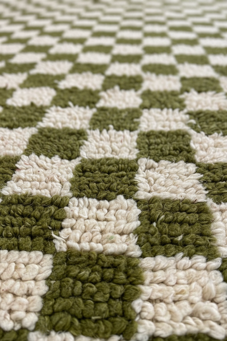 Moroccan Checkered Rug – Green & White Wool handmade Carpet | 8 x 5 ft (2.4 x 1.5 m) | Stylish Modern Handmade Living Room & Bedroom Area Rug