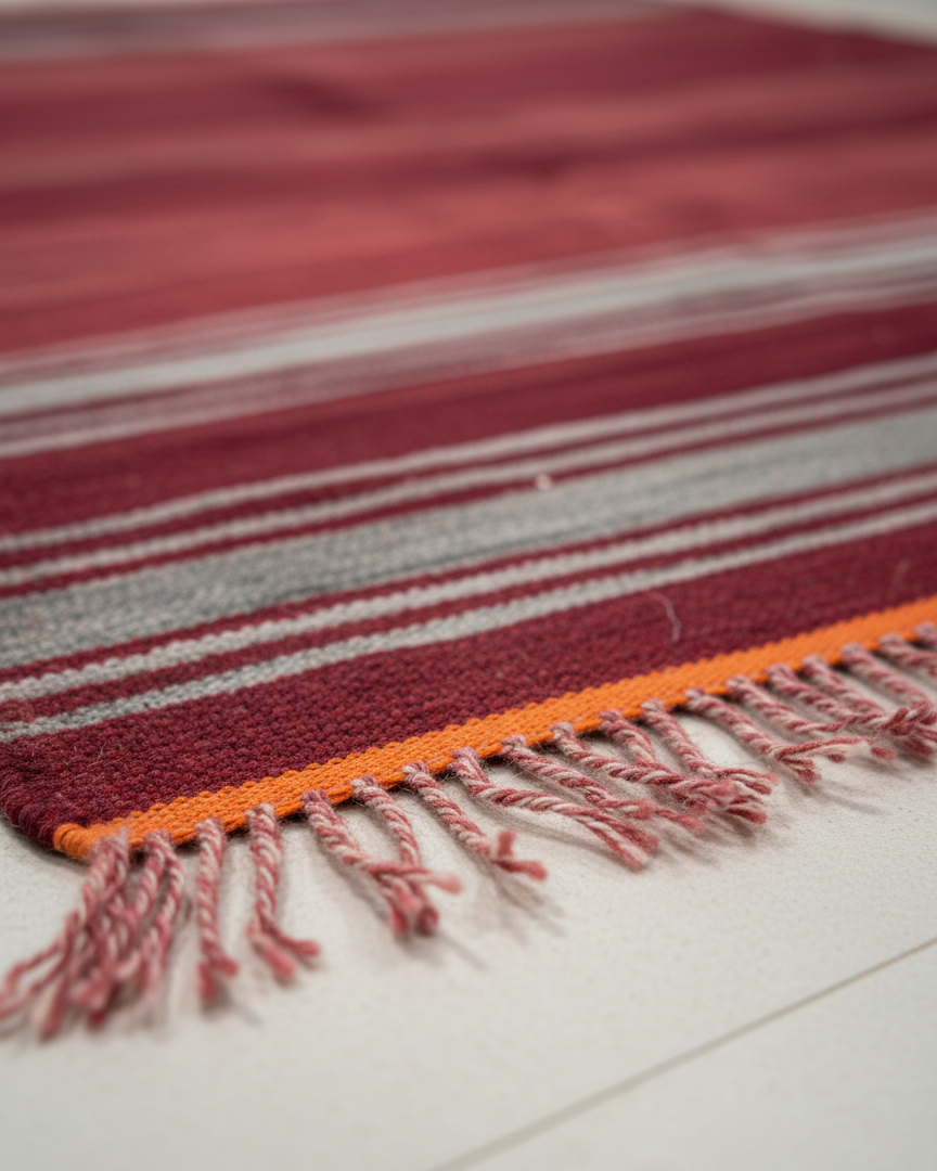 Vintage Moroccan Kilim Hanbel Rug – Handwoven Wool Flatweave Carpet | 9.7 x 6.2 ft (2.95 x 1.9 m) | Red, Grey & Orange Rustic Berber Stripe
