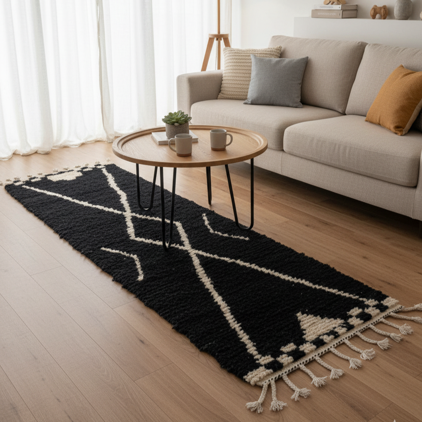 Handcrafted Moroccan Berber Runner Rug – Black & Cream Geometric | 2’ × 9.5’ (60 × 290 cm) | Modern Boho Hallway Runner