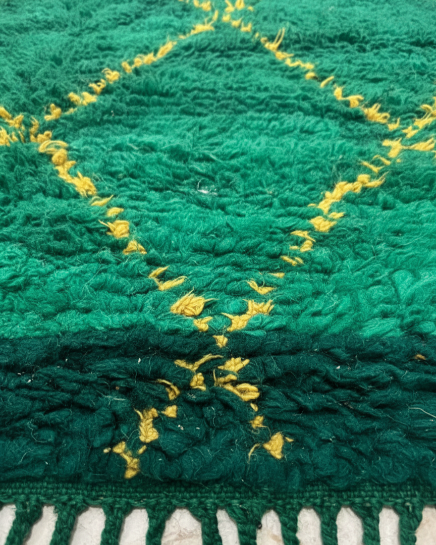 Handcrafted Moroccan Berber Rug – Deep Green & Golden Yellow Diamond Design | 5’ × 7’ (150 × 220 cm) | Plush Wool Shag
