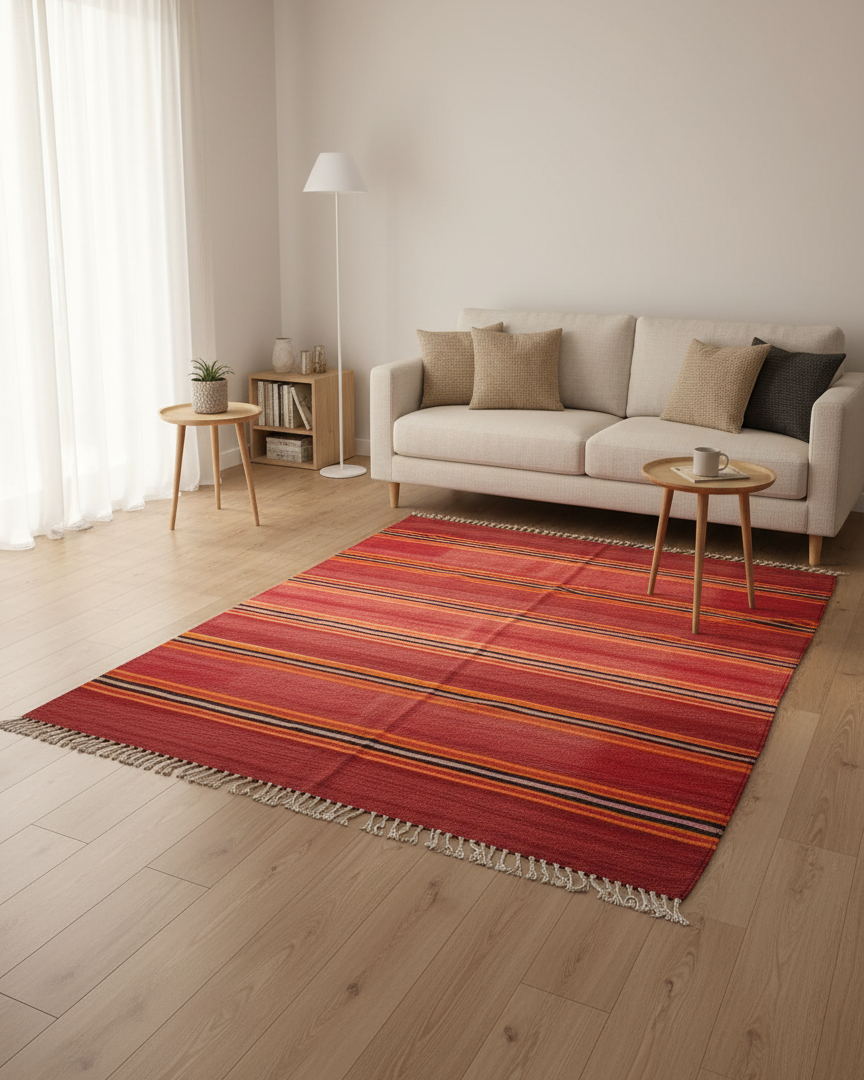 Vintage Moroccan Kilim Flatweave Rug – Handmade Wool Striped Carpet | 9.8 x 5.2 ft (3 x 1.6 m) | Red, Black, Orange & Yellow Rustic Boho