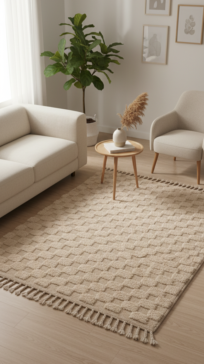 Handmade Beige/White Area Rug – 5.6’ × 8.66’ (172 × 264 cm) | Moroccan hand Tufted  Checkered Rug for living room | Boho Bedroom rugs & Scandinavian Decor Carpet
