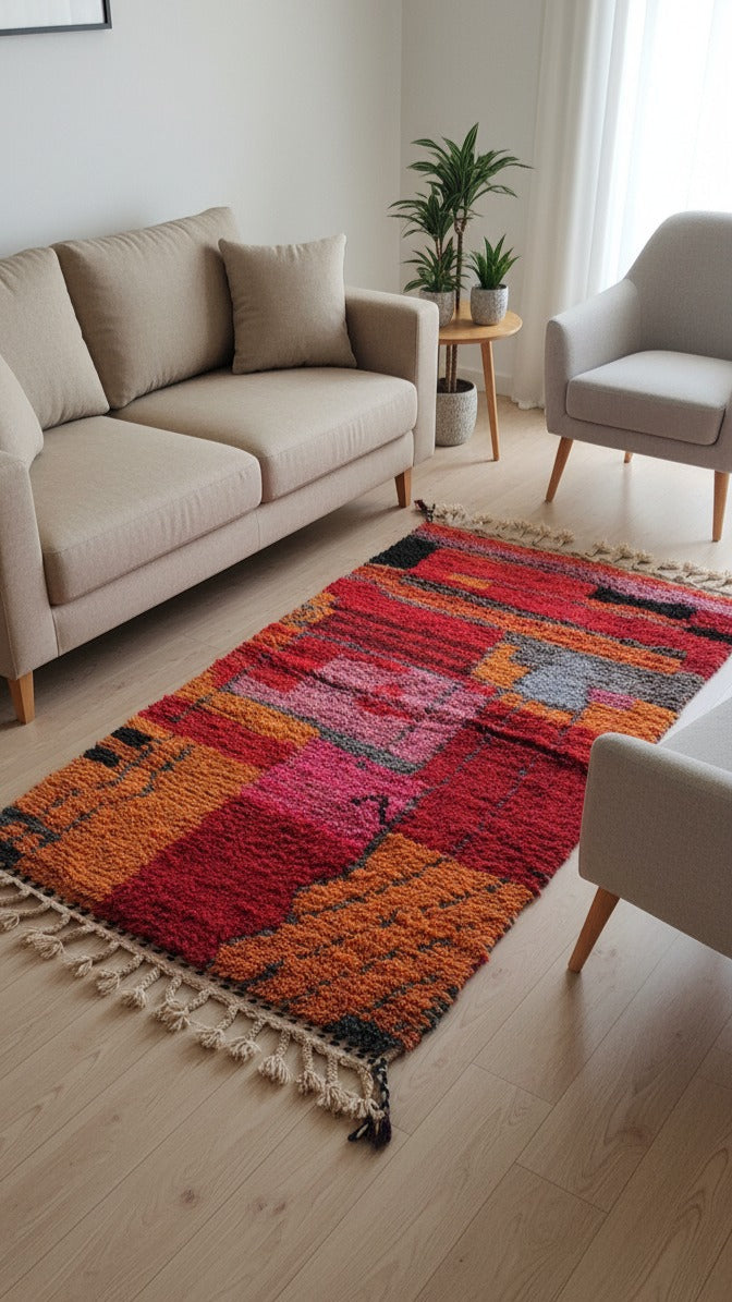 Berber Area Rug, Handwoven Wool Carpet, Orange Moroccan Runner Rug Red & Orange Base with Black & Pink Accents | 6.2 x 3.1 ft (1.9 x 0.95 m) | Small Wool Rug for Hallways, Bedrooms & Modern Boho Décor