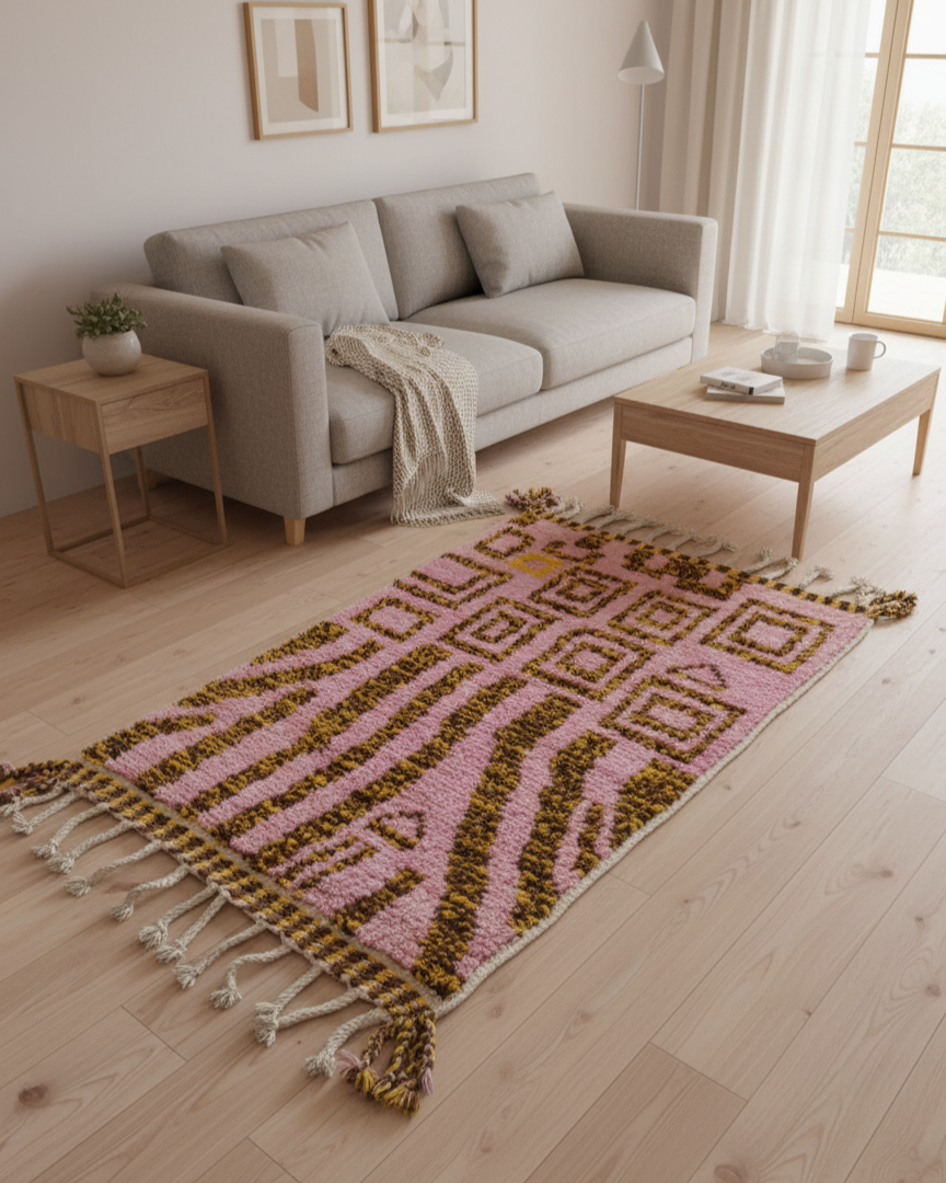 Handcrafted Moroccan Rug – Dusty Pink & Ochre Geometric-Shag Design | 2.7’ × 4.2’ (82 × 128 cm) | Boho Wool Accent Rug