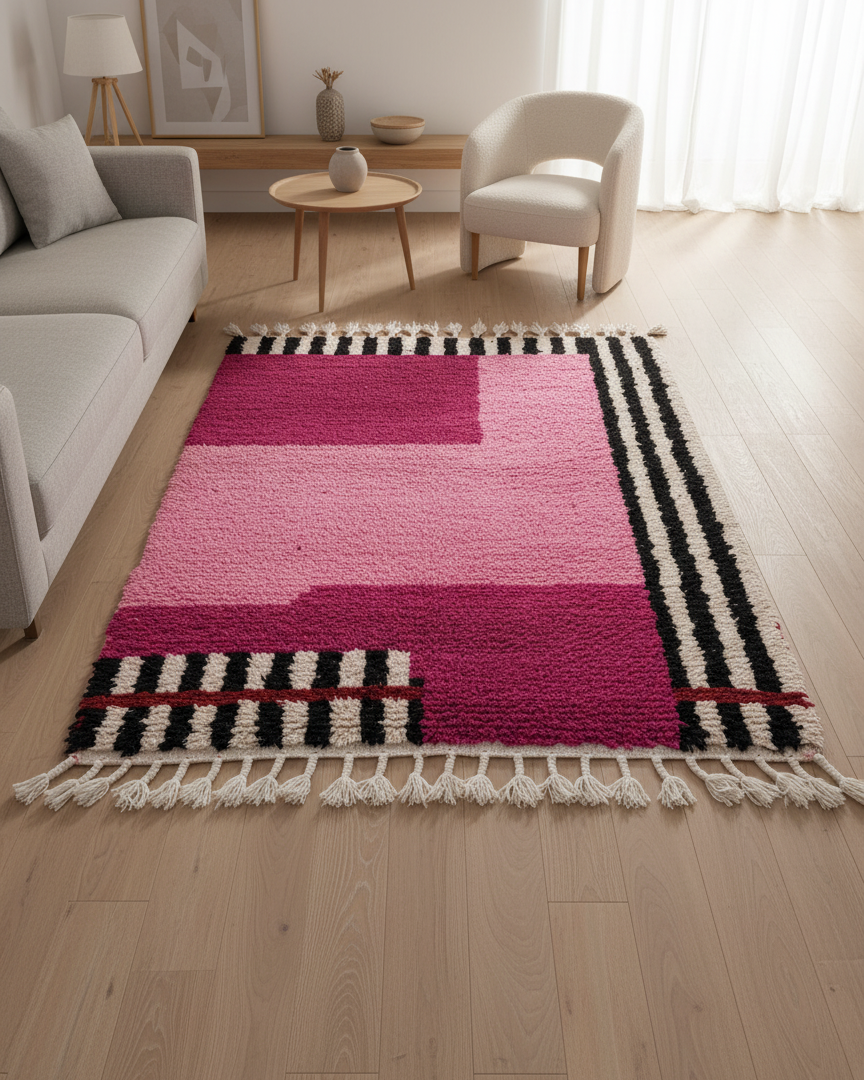 Handmade modern Carpet, Moroccan Rug, Area Rug in baby pink & fuchsia tones with black and white abstract linen pattern - Square Rug | 6.6 x 6.6 ft (2 x 2 m) | perfect for pink bedrooms & chic interiors.