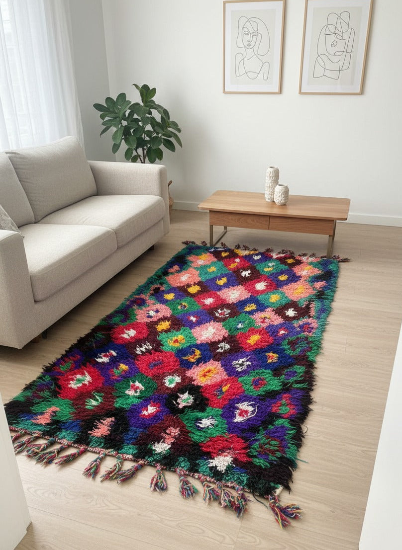 Vintage Moroccan Living Room Carpet , Authentic Hallway Rug, Colorful Runner Rug – Handmade Wool Carpet | 3.3 x 9.3 ft (1 x 2.85 m) | Green, Purple & Pink Boho Décor