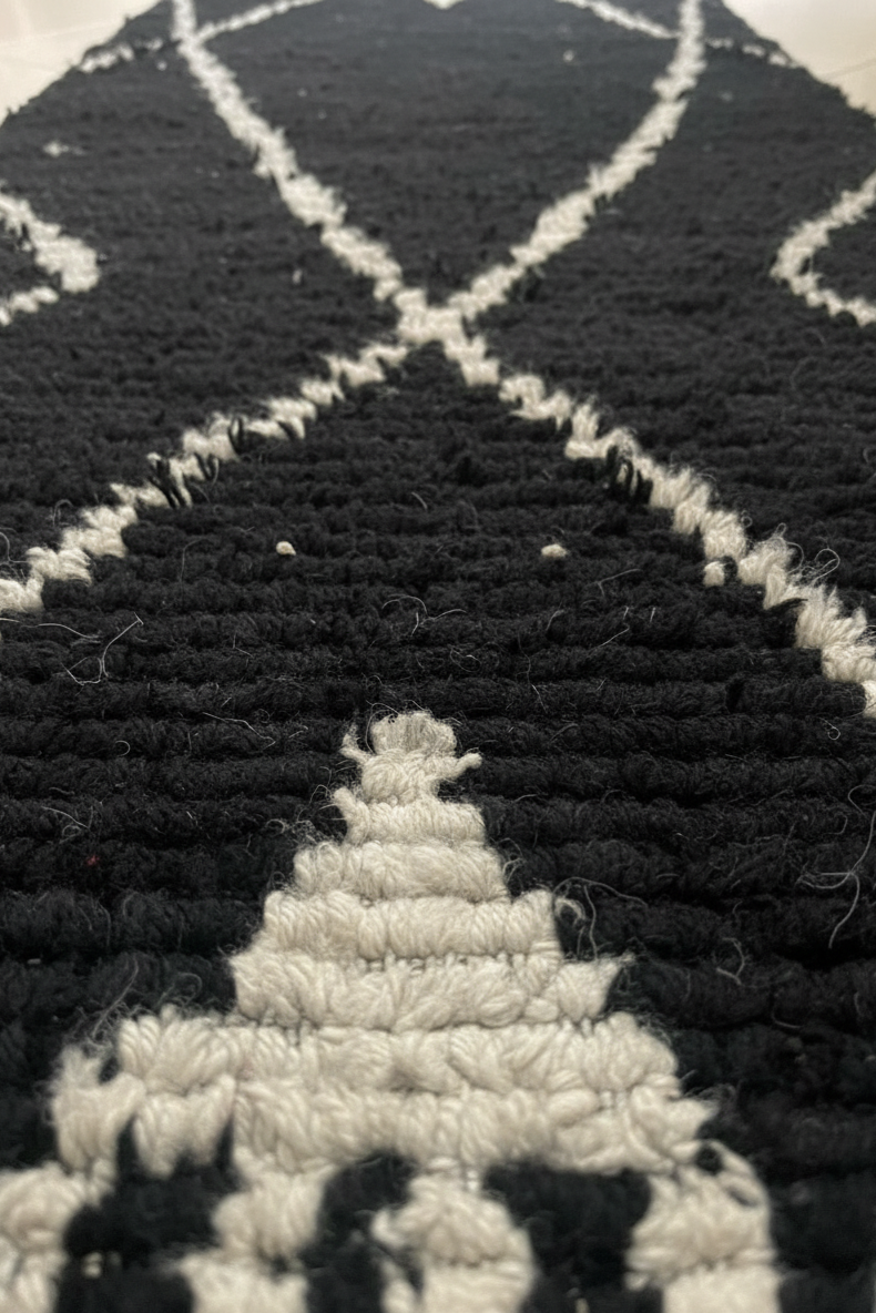 Black Moroccan Runner Rug, Handmade Abstract Rug White Berber Signs – Wool Hallway Carpet | 2 x 10 ft (0.6 x 3.0 m)