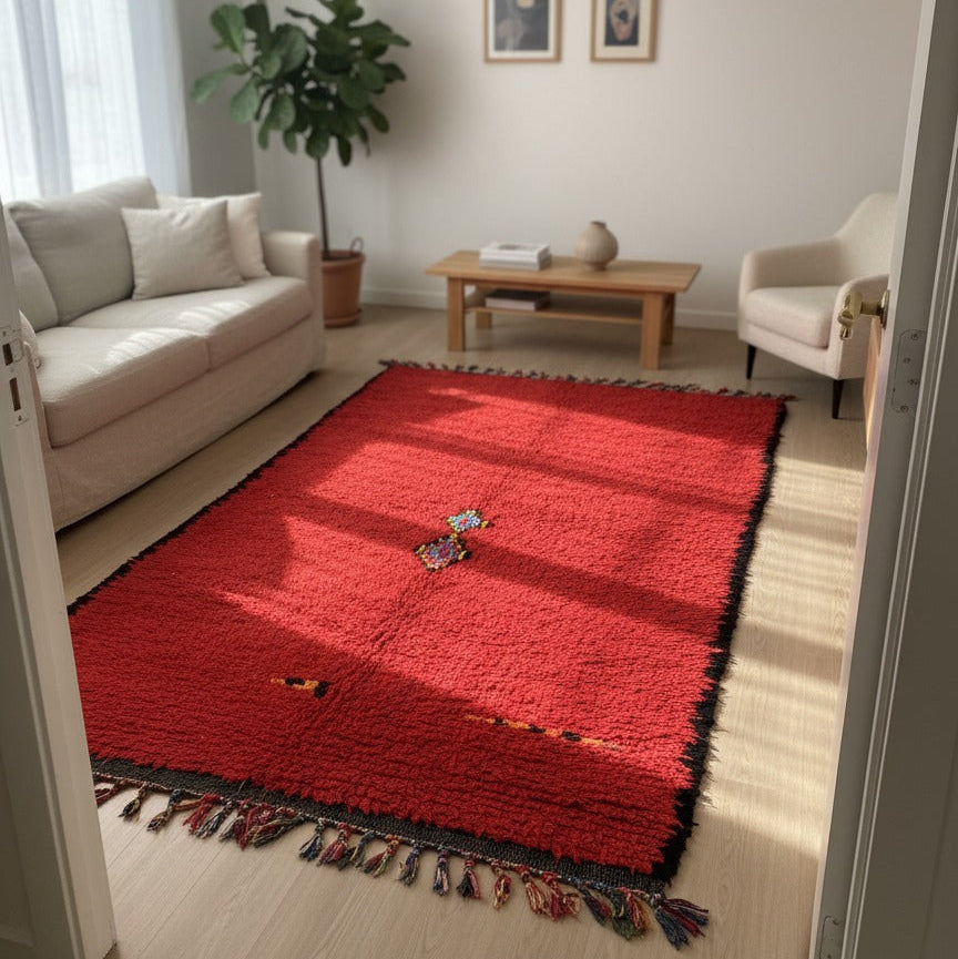 Vintage Moroccan Rug - Hand woven Wool Berber Rug – Royal Red Carpet with Subtle Berber Touch | 10.2 x 4.3 ft (3.1 x 1.3 m) | Luxury Boho Hallway, Living Room & Bedroom Rug
