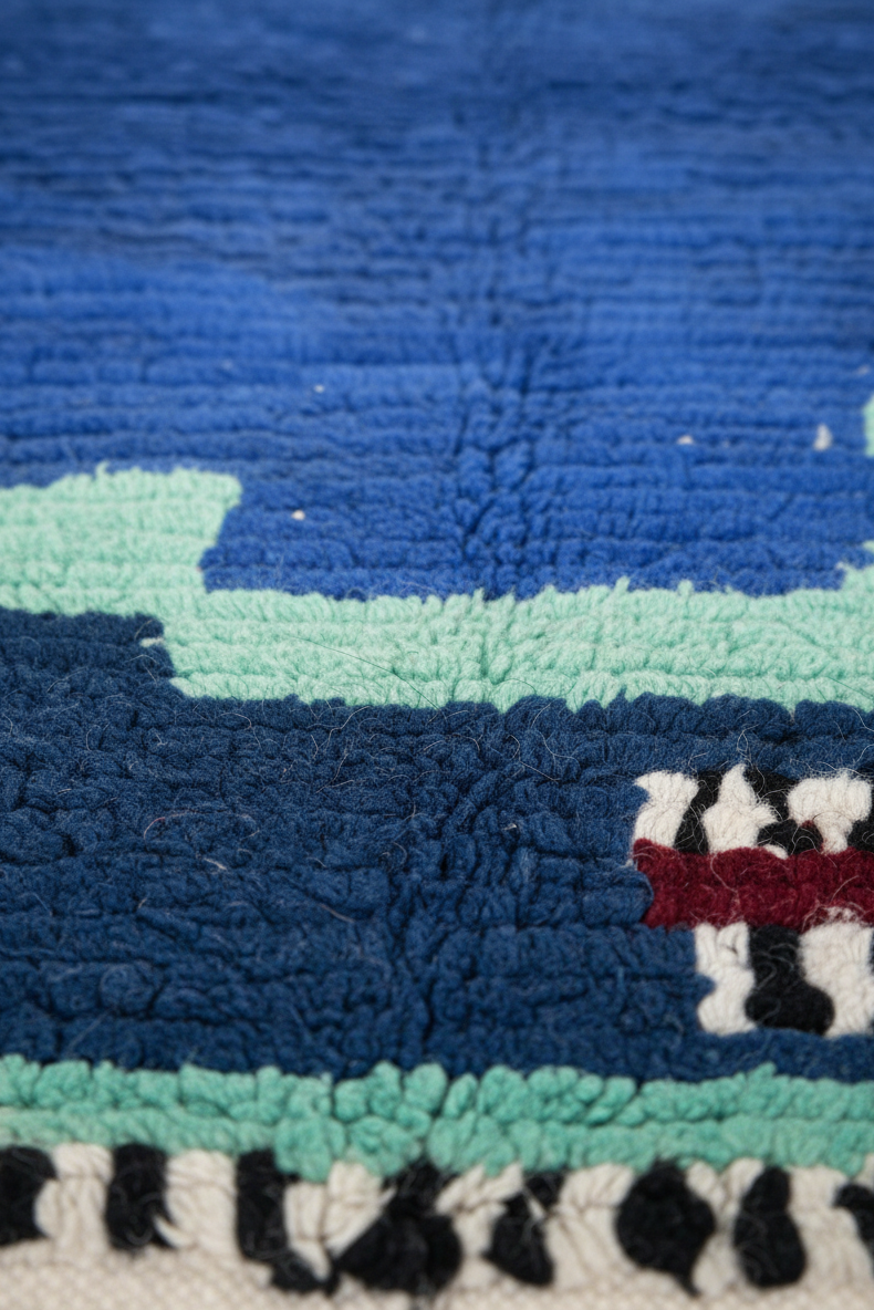 Modern Moroccan Berber Rug – Royal Blue with Abstract Black & White Stripes, Mint & Burgundy Accents | 4 x 7.2 ft (1.2 x 2.2 m) | Handmade Wool Art Rug