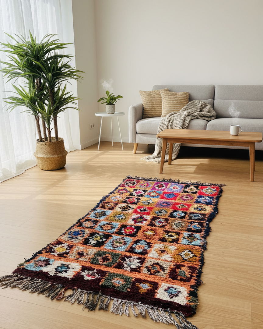 Colorful Rug for living room/bedroom , Handmade Moroccan Boucharouite Runner Rug – Catchy Rug Geometric Design | 3.3 x 8.2 ft (1 x 2.5 m) | Boho Rugs Vintage Hallway & Entryway Carpet