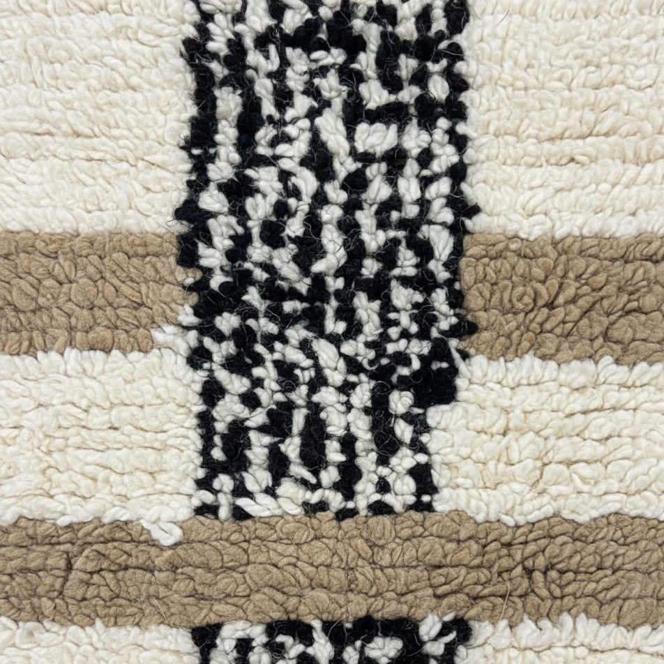 LUXURY Moroccan Area Rug , Handmade White Berber Rug with linene patern and gold Details.
