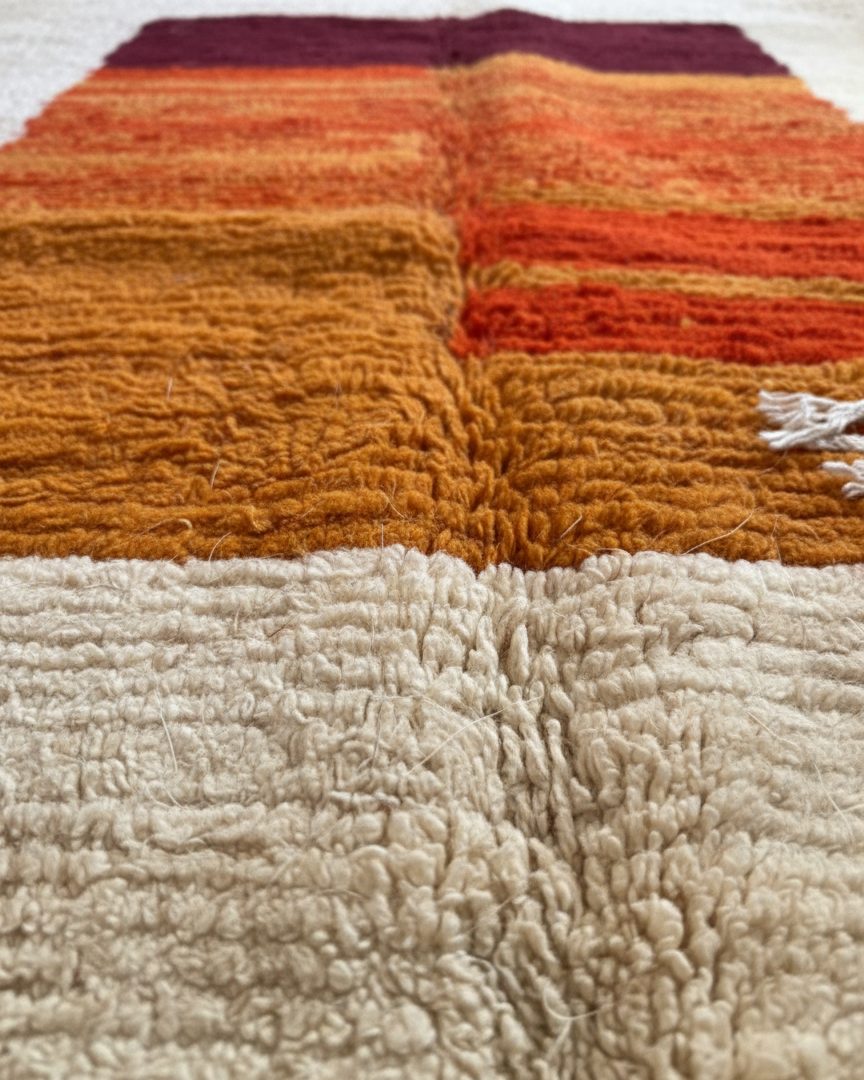 Handwoven Moroccan Berber Rug – 5.9’ × 7.5’ (180 × 230 cm) | High-Pile Wool Accent Rug | Sunset-Inspired Color Block