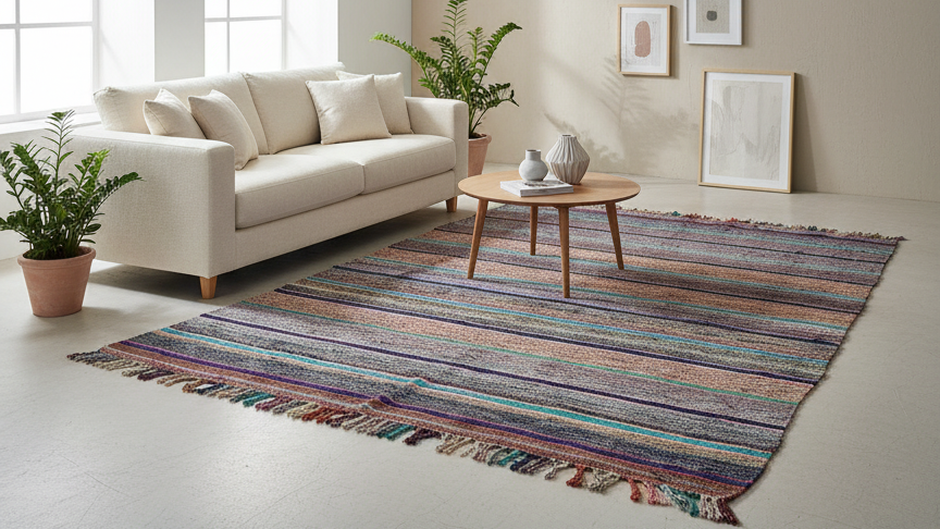 Vintage Carpet, Moroccan Hanbel Rug – Bright Flatweave Rug, Handknitted Natural Wool Carpet 5.2 x 7.5 ft (1.6 x 2.3 m) | Unique  Handmade Rug