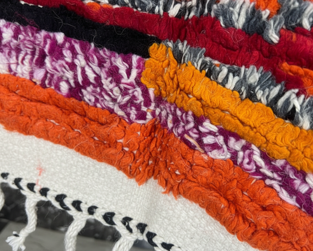 Handcrafted Moroccan Boucherouite Rug – Vibrant Hot Pink & Orange Color-Block | 2.6’ × 4.3’ (80 × 130 cm) | Boho & Modern Accent Rug