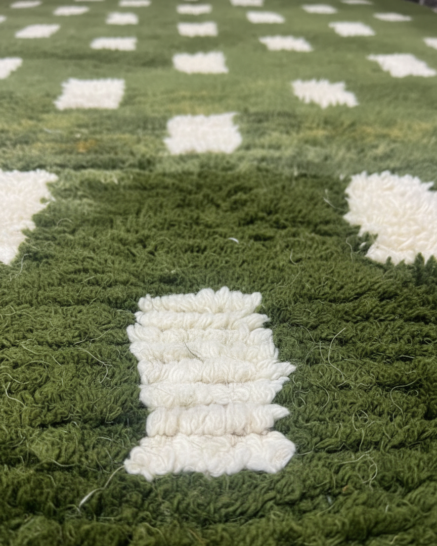 Handwoven Moroccan Berber Runner Rug – Green & White Geometric | 5’ × 15’ (150 × 457 cm) | Wool High-Pile Hallway Rug