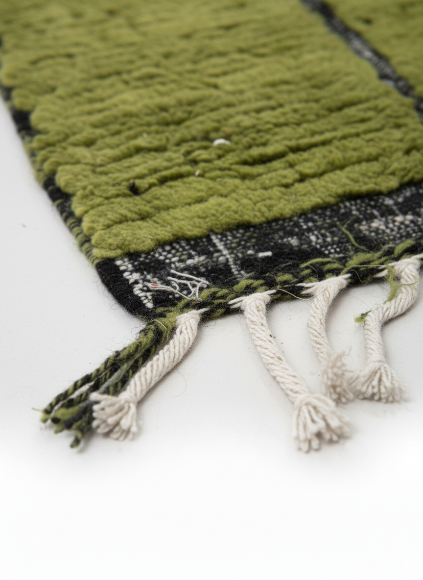 Handmade Moroccan Wool Area Rug – Olive Green with Black Line Pattern | 6.9 x 3.9 ft (2.1 x 1.2 m) | Modern Boho Living Room, Bedroom & Hallway Carpet