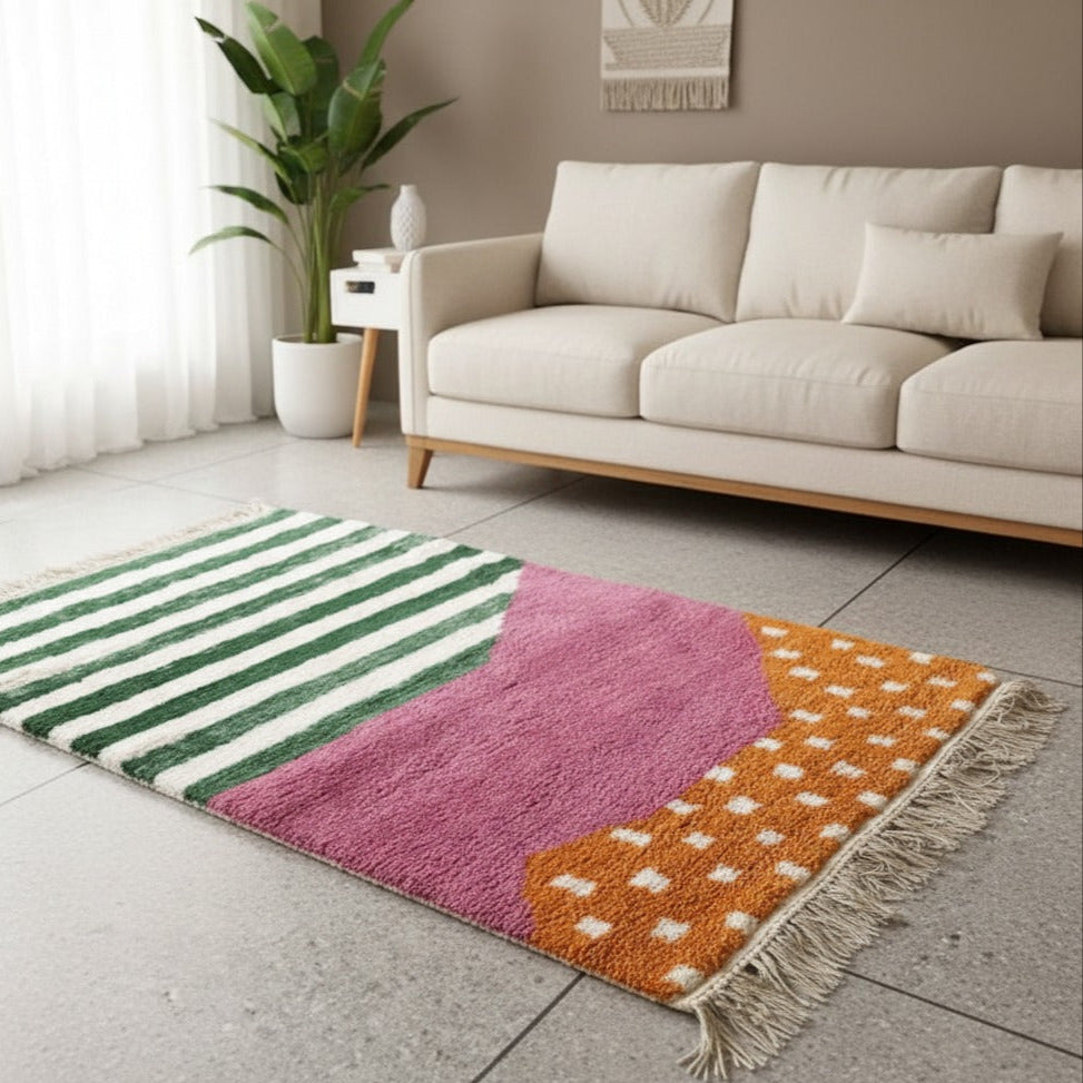 Modern Handmade Moroccan Luxury Rug – Large /area Rug 10.5 x 7.2 ft (3.2 x 2.2 m) | Green, Pink & Orange Wool Area Carpet for Living Room or Bedroom