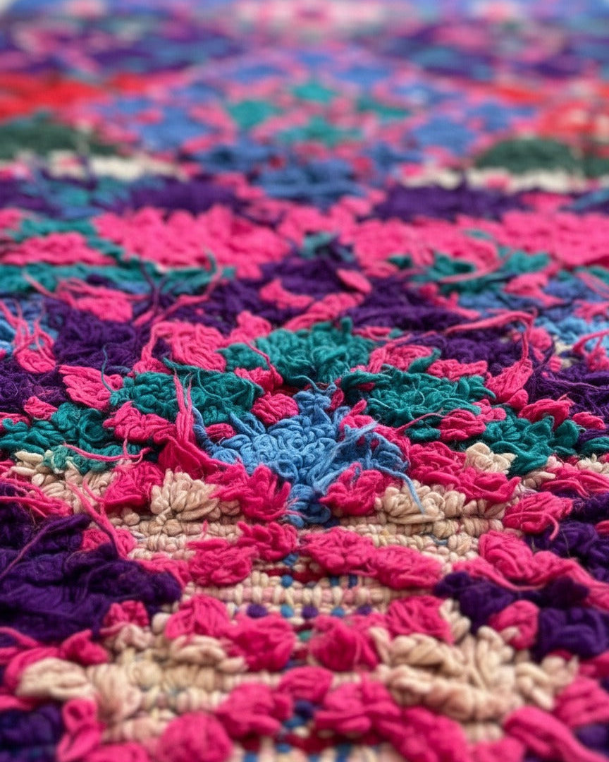 Vintage Moroccan Boucherouite Runner Rug – Handmade Shaggy Wool & Textile Carpet | 2.8 x 8.8 ft (0.85 x 2.7 m) | Colorful Boho Eclectic