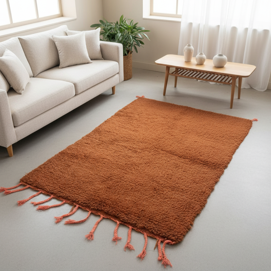 Handcrafted Moroccan Berber Rug – Rust & Coral High-Pile Wool | 3.9’ × 6’ (120 × 185 cm) | Plush Accent Rug