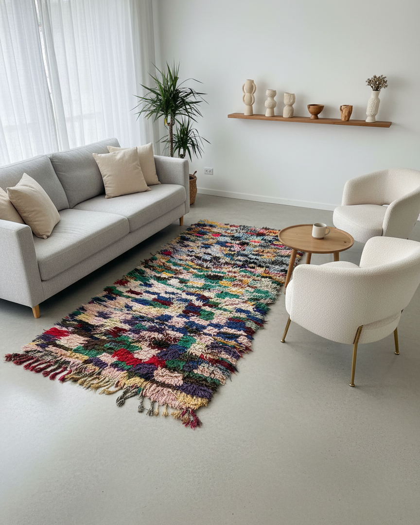 Handmade Moroccan Boucherouite Runner Rug – Colorful Shaggy Rag Rug | 3.6 x 8.2 ft (1.1 x 2.5 m) | Eclectic Boho Hallway Carpet