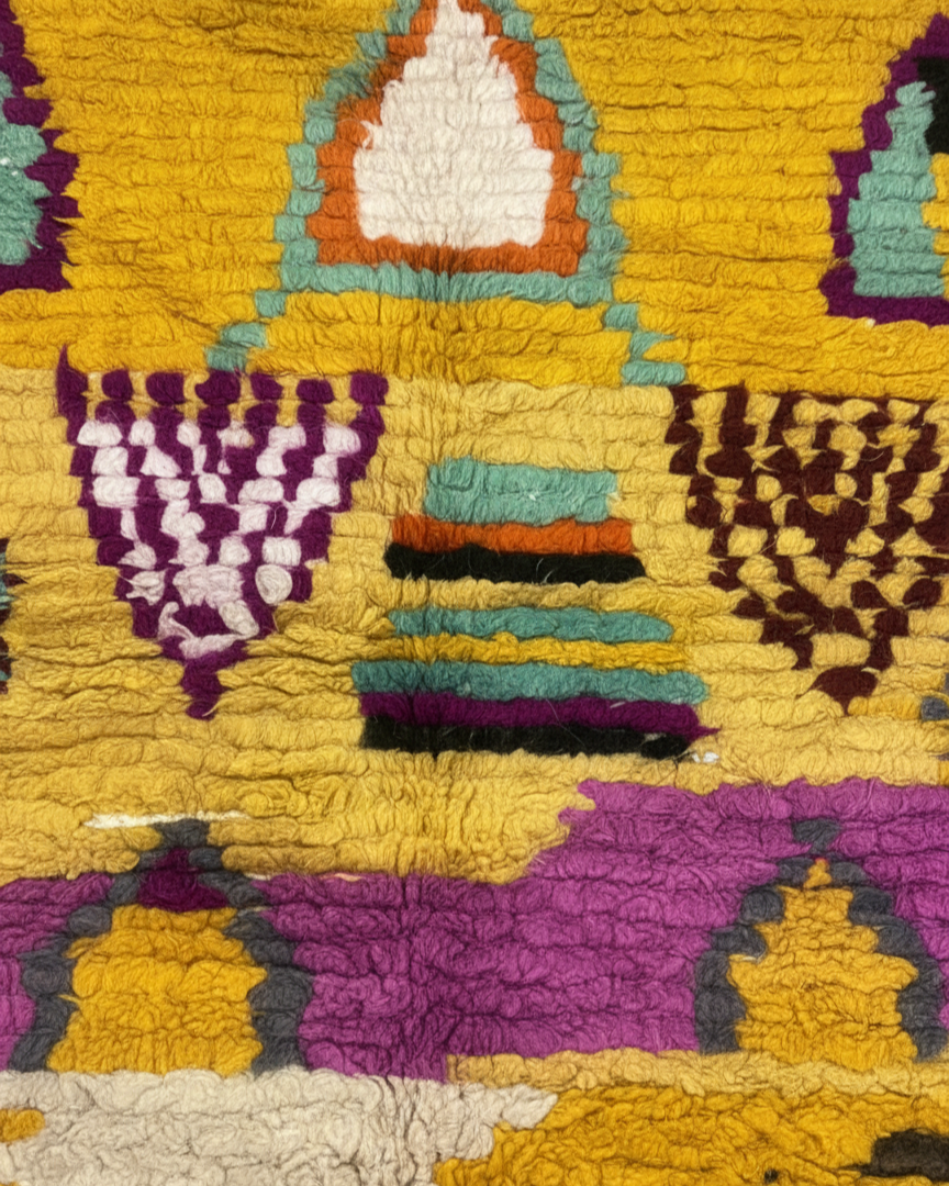 Handcrafted Moroccan Boucherouite Rug – Vibrant Mustard, Purple & Teal | 2.9’ × 3.9’ (90 × 120 cm) | Boho & Artistic Accent Rug