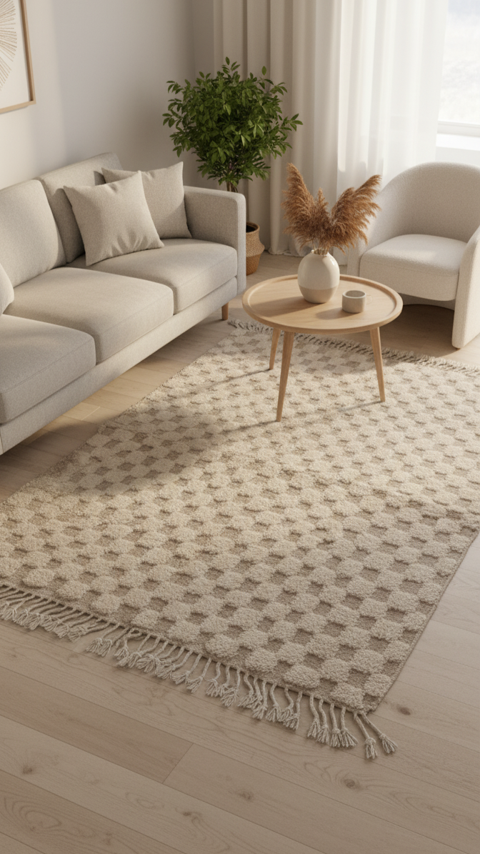 Perfect Rug for Living Room – White cream Checkered Carpet | Area rug 4.6’ × 6.7’ (140 × 205 cm) Neutral Beige & Cream | Boho Rugs , Scandinavian & Minimalist bedroom Rug