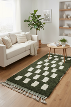 Handmade Moroccan Runner Rug – Olive Green with Cream Geometric Pattern | 7.5 x 2.1 ft (2.3 x 0.65 m) | Wool Hallway & Entryway Carpet