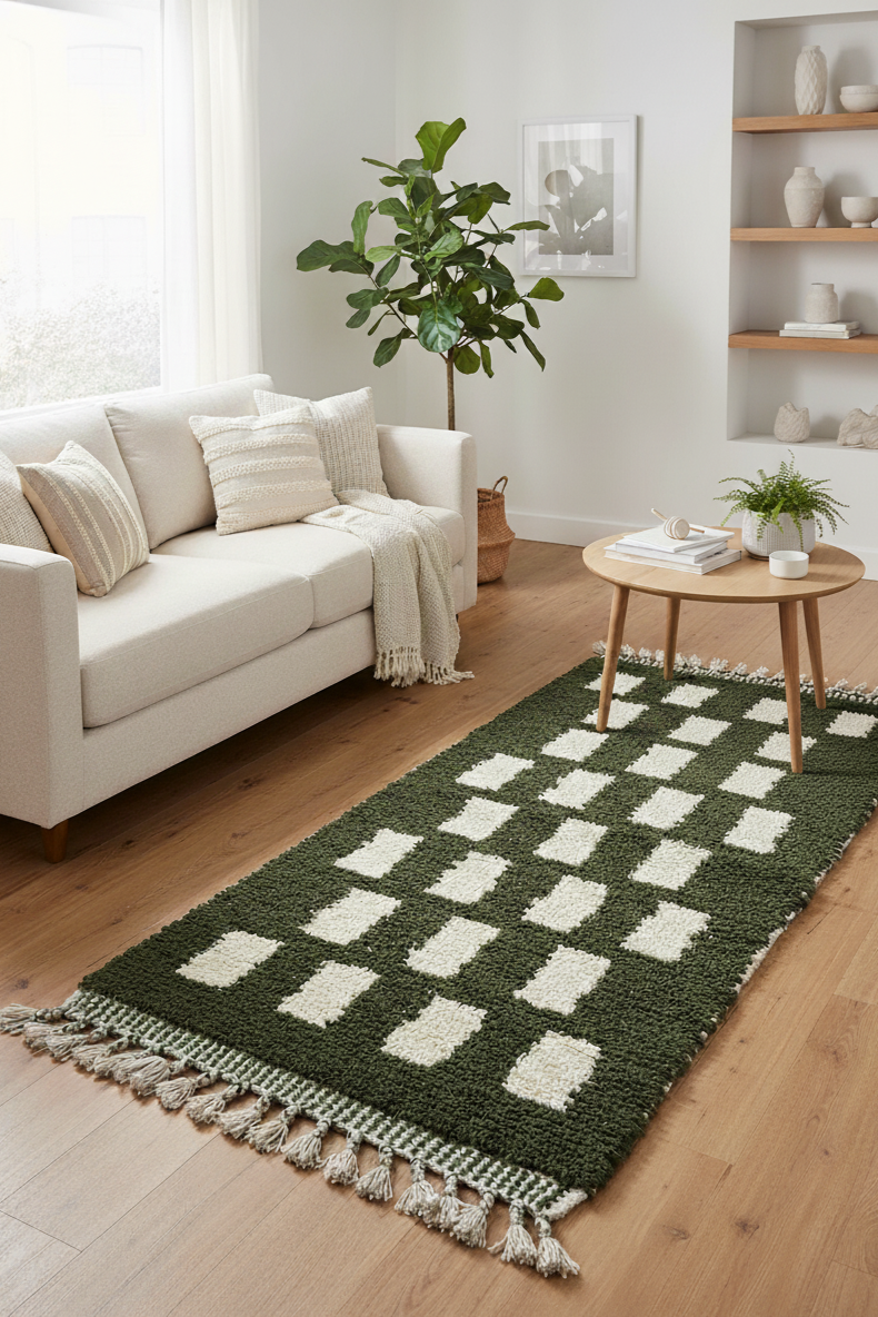 Handmade Moroccan Runner Rug – Olive Green with Cream Geometric Pattern | 7.5 x 2.1 ft (2.3 x 0.65 m) | Wool Hallway & Entryway Carpet