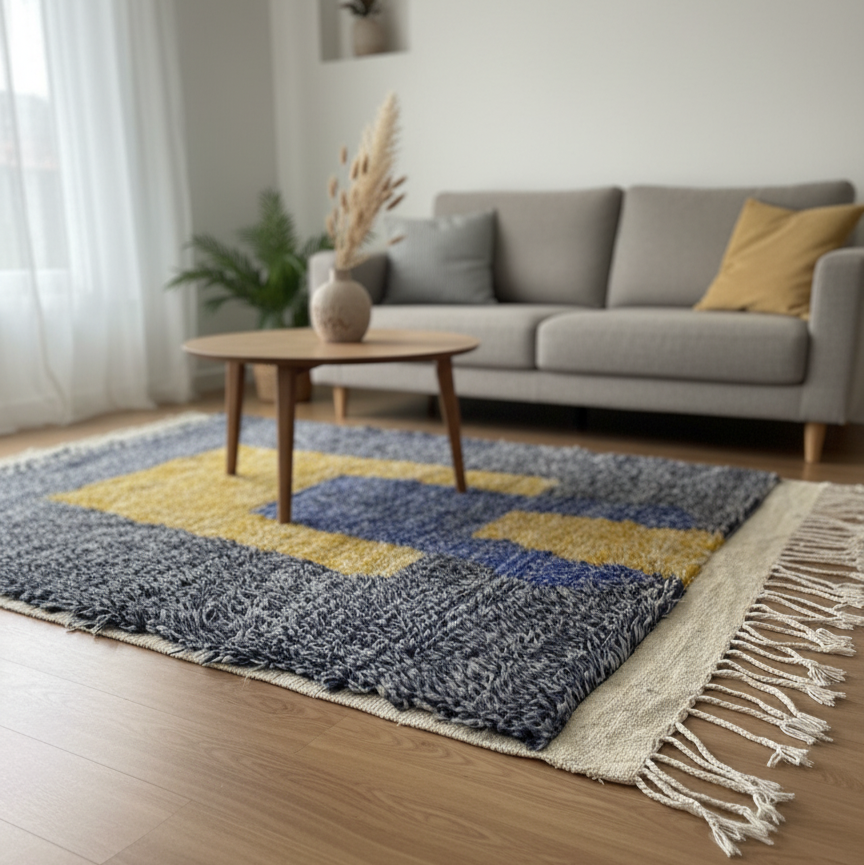Modern Moroccan Rug – Abstract Geometric Yellow & Blue Design on Navy Heathered Background | 6.6 x 4.3 ft (2 x 1.3 m) | Handwoven Wool Statement Rug
