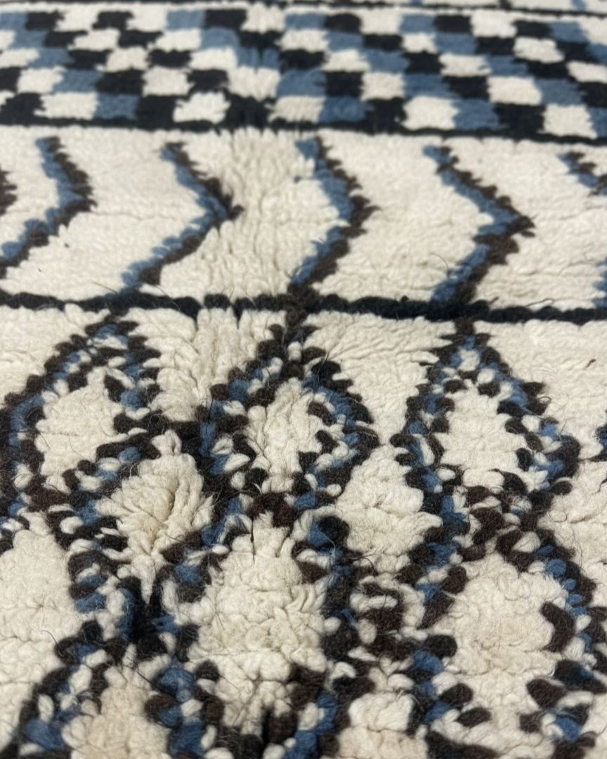 Unique Handcrafted Moroccan Carpet, Berber Rug for living room  – Cream & Black with Minimalist Blue Area Rug | 3.6’ × 6.6’ (110 × 200 cm) | Berber  Geometric Wool Rug