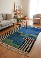 Handmade Wool Runner Rug – Moroccan Blue Runner Rug with Black & White Linen Sides | 5.1 x 3.0 ft (1.55 x 0.9 m) | Hallway & Entryway Boho Accent Carpet