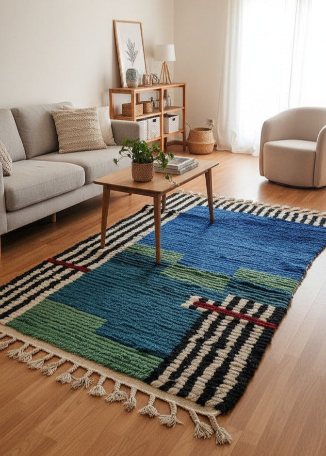 Handmade Wool Runner Rug – Moroccan Blue Runner Rug with Black & White Linen Sides | 5.1 x 3.0 ft (1.55 x 0.9 m) | Hallway & Entryway Boho Accent Carpet