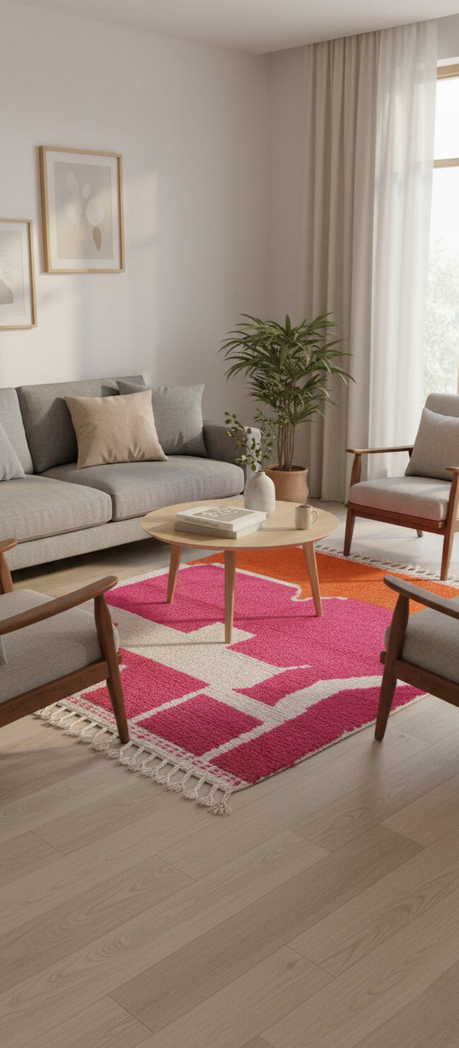Unique Handmade Moroccan Wool Area Rug – Vibrant Pink, Orange & White | 5.9 x 4.9 ft (1.8 x 1.5 m) | Boho Modern Living Room, Bedroom & Pink Décor Accent