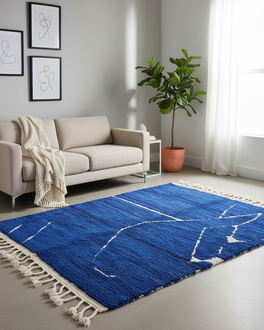 Authentic Moroccan Carpet - Handmade Wool Area Rugs – Blue Rug with White Line Pattern Relief | 6.1 x 8.0 ft (1.85 x 2.45 m) | Modern Boho Living Room, Bedroom & Area Rug