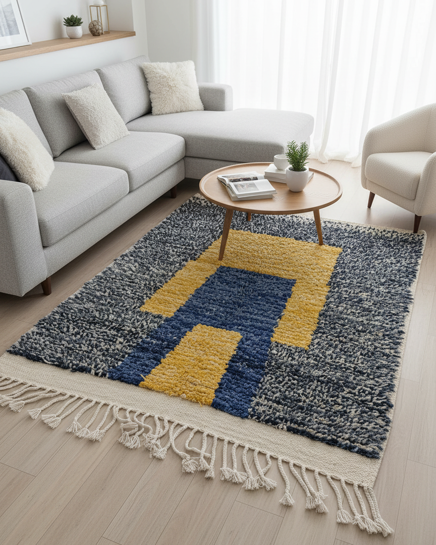 Modern Moroccan Rug – Abstract Geometric Yellow & Blue Design on Navy Heathered Background | 6.6 x 4.3 ft (2 x 1.3 m) | Handwoven Wool Statement Rug