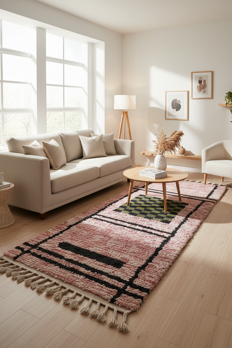 Handmade Moroccan Runner Rug – Dusty Rose with Checkerboard Design | 8.2 x 2.3 ft (2.5 x 0.7 m) | Wool Hallway & Entryway Carpet