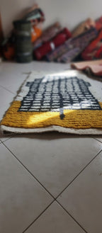 Handmade Moroccan Wool Runner Rug – Yellow & White with Black Pattern | Small Vintage Boho Carpet | 3.9 x 2.1 ft (1.2 x 0.65 m) | Modern Living Room, Bedroom & Hallway Rug