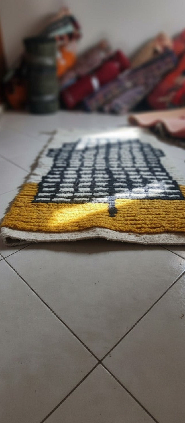 Handmade Moroccan Wool Runner Rug – Yellow & White with Black Pattern | Small Vintage Boho Carpet | 3.9 x 2.1 ft (1.2 x 0.65 m) | Modern Living Room, Bedroom & Hallway Rug